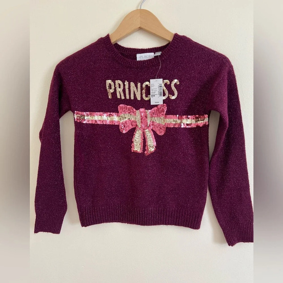 The Children’s Place Girls Sweater 7/8 Wine Princess Sequinn Metallic Bow Knit - Picture 1 of 9